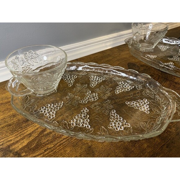 Vintage Anchor Hocking Glass Serving Snack Trays With Tea Cup And Grape Pattern - Picture 1 of 5